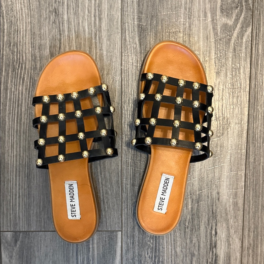 Steve Madden Black and Tan Studded Sandals